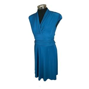 Chaps Dress M Faux Wrap Stretchy Knit Draped Fabric Teal